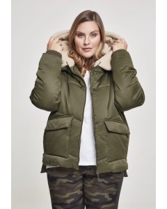 Women´s waist jacket // Urban Classics Ladies Sherpa Hooded Jacket darkolive/darksand